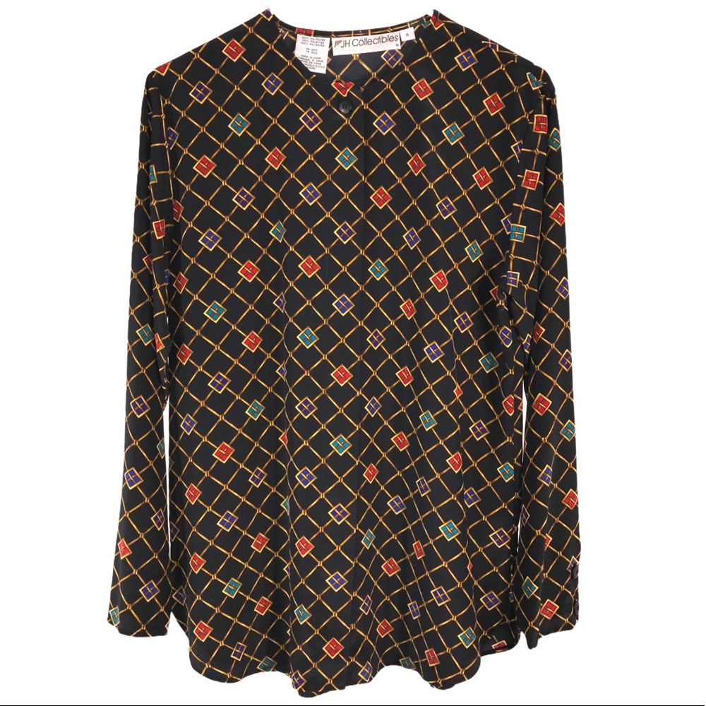 Vintage 1990s Black With Jewels Print Retro Blouse